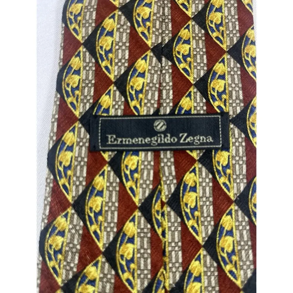 ERMENEGILDO ZEGNA Men' Silk Multicolor Red, Yellow, Leaf Pattern Geometric James